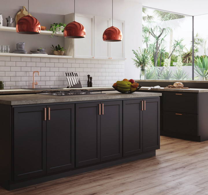 Two-tone kitchen with an island